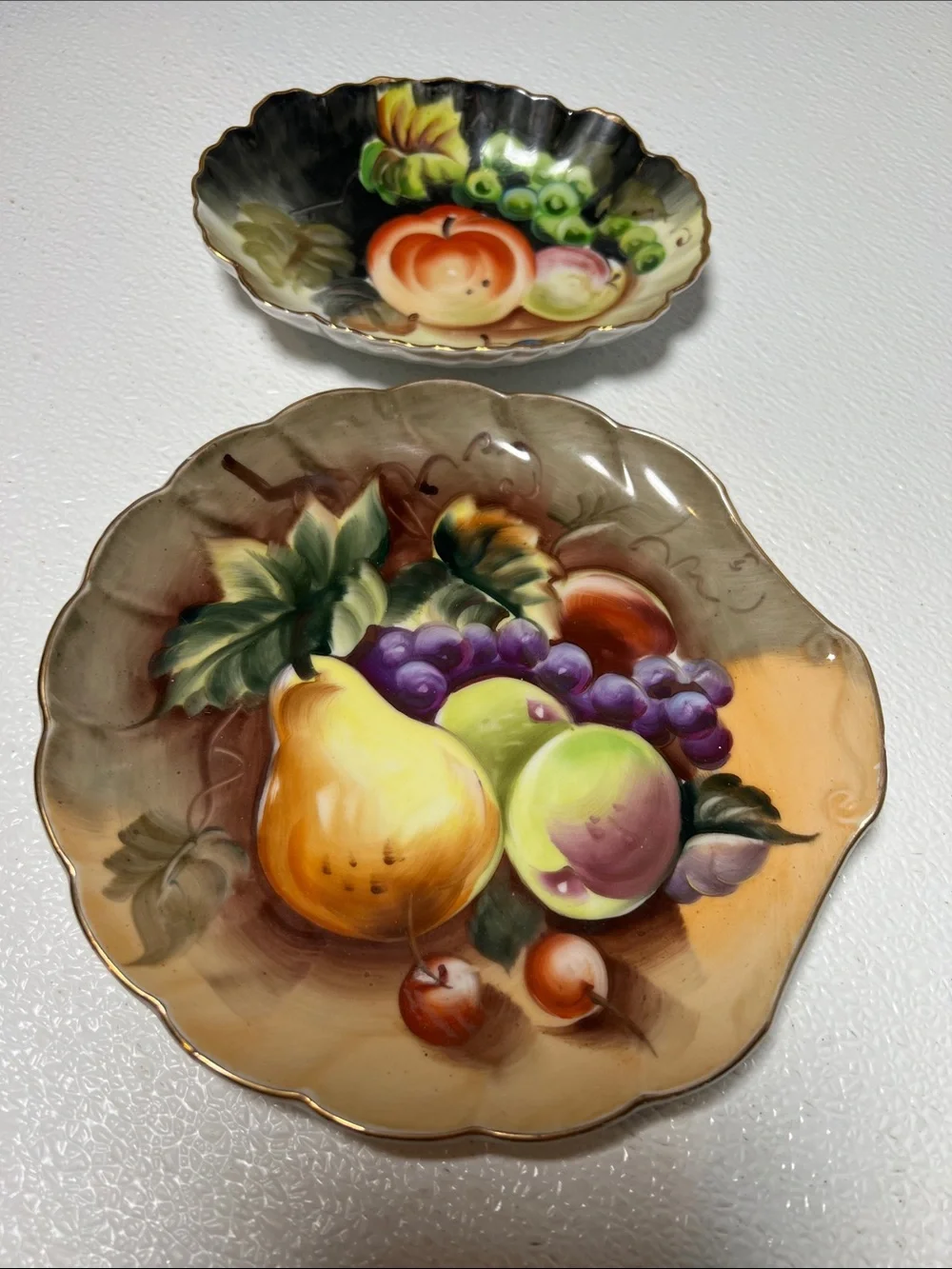 Vintage Lefton Hand-Painted Fruit Motif Porcelain Plate and Oval Bowl - Pair